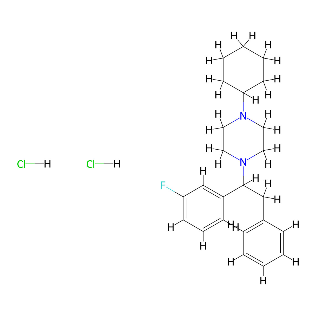 1-Cyclohexyl-4-(1-(3-fluorophenyl)-2-phenylethyl)piperazine,dihydrochloride molecular structure, CAS 2707945-83-1