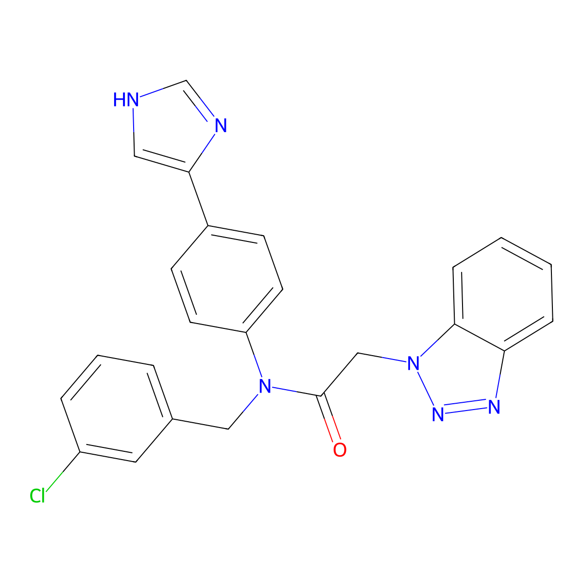 2-(benzotriazol-1-yl)-~{N}-[(3-chlorophenyl)methyl]-~{N}-[4-(1~{H}-imidazol-5-yl)phenyl]ethanamide molecular structure, CAS 2708934-53-4