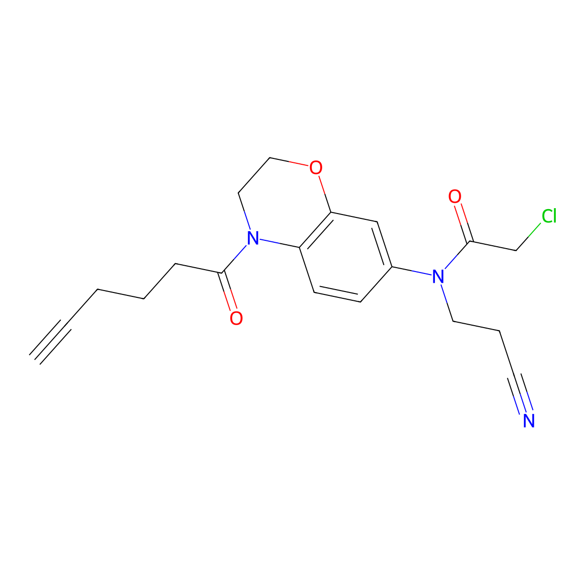 2-Chloro-N-(2-cyanoethyl)-N-(4-(hex-5-ynoyl)-3,4-dihydro-2H-benzo[b][1,4]oxazin-7-yl)acetamide molecular structure, CAS 2709040-02-6