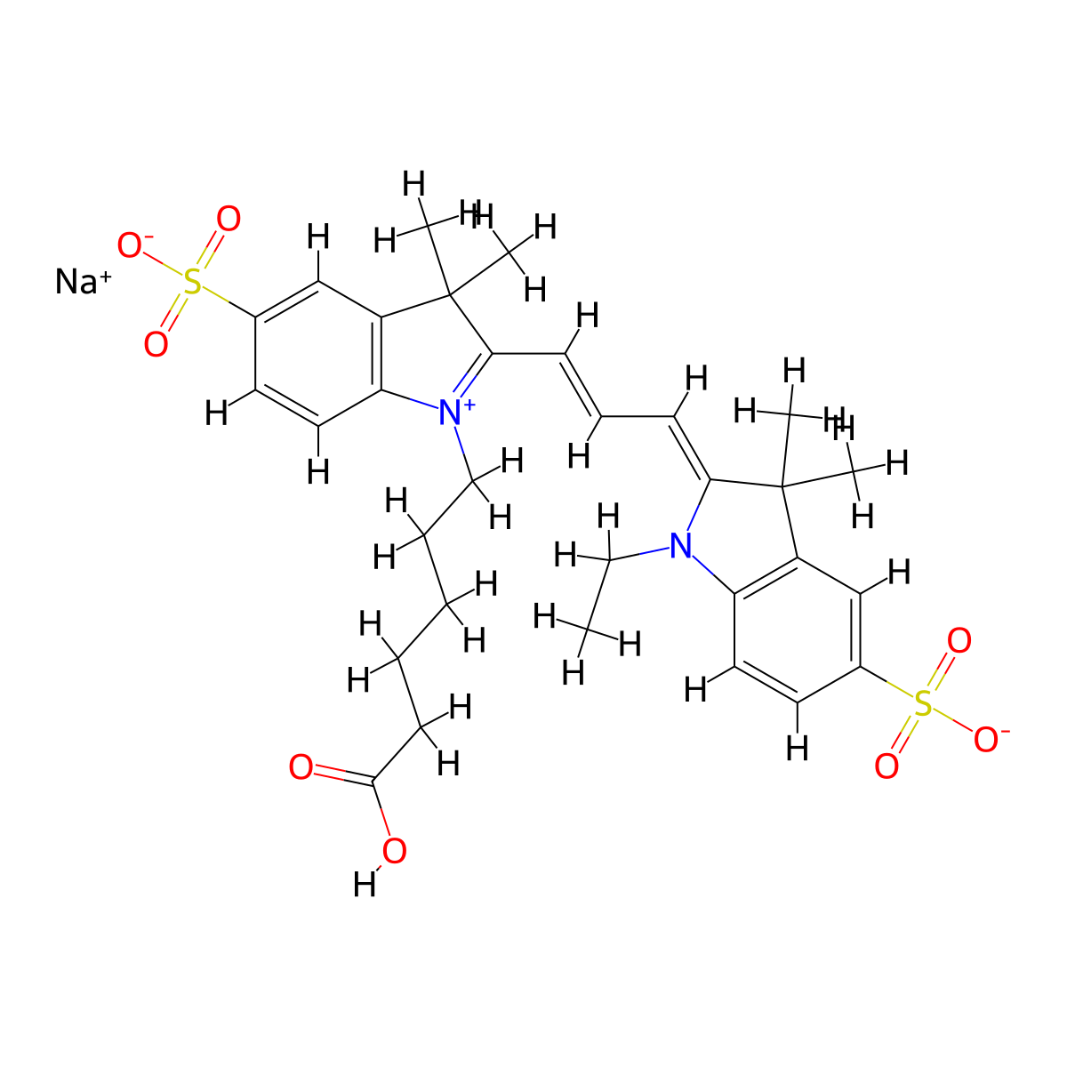 sodium 1-(5-carboxypentyl)-2-[(1E)-3-[(2Z)-1-ethyl-3,3-dimethyl-5-sulfo-2,3-dihydro-1H-indol-2-ylidene]prop-1-en-1-yl]-3,3-dimethyl-3H-indol-1-ium-5-sulfonate molecular structure, CAS 2710239-04-4