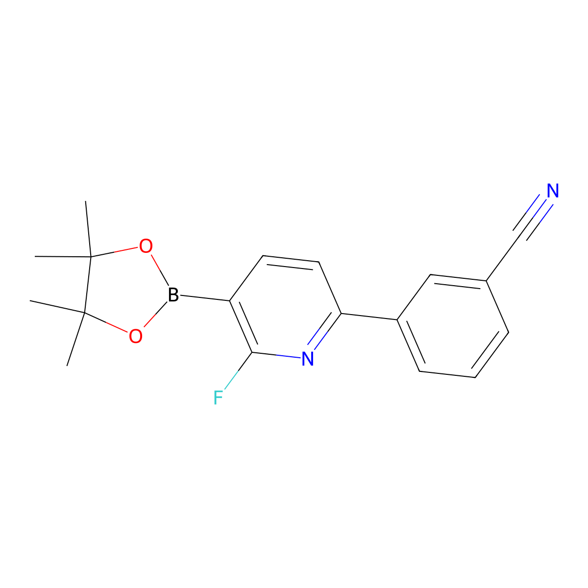 3-(6-Fluoro-5-(4,4,5,5-tetramethyl-1,3,2-dioxaborolan-2-yl)pyridin-2-yl)benzonitrile molecular structure, CAS 2710289-87-3