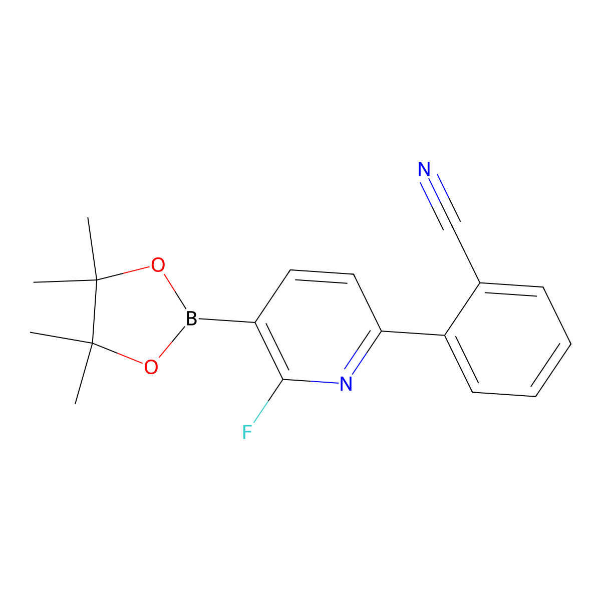 2-(6-Fluoro-5-(4,4,5,5-tetramethyl-1,3,2-dioxaborolan-2-yl)pyridin-2-yl)benzonitrile molecular structure, CAS 2710289-88-4
