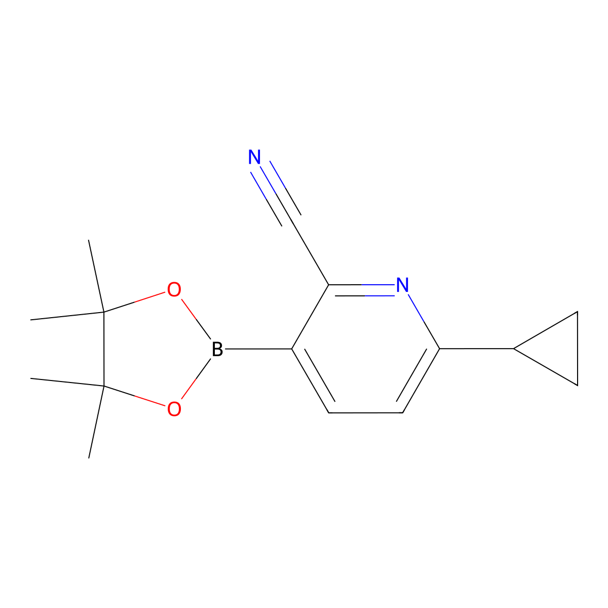 6-Cyclopropyl-3-(4,4,5,5-tetramethyl-1,3,2-dioxaborolan-2-yl)picolinonitrile molecular structure, CAS 2710290-02-9