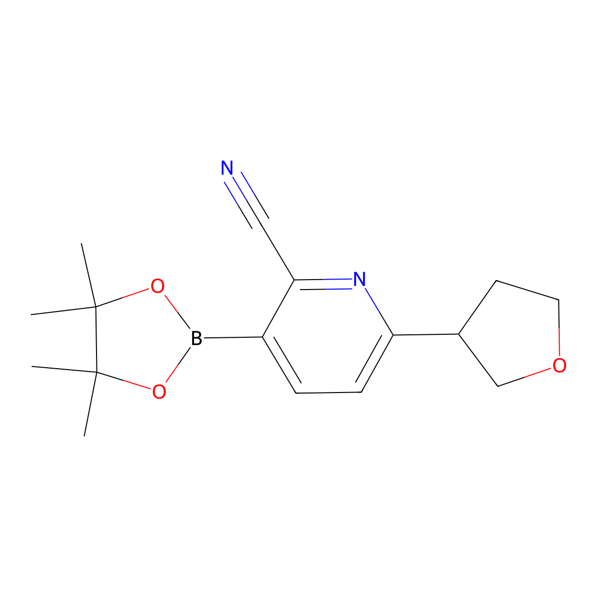 6-(Tetrahydrofuran-3-yl)-3-(4,4,5,5-tetramethyl-1,3,2-dioxaborolan-2-yl)picolinonitrile molecular structure, CAS 2710290-08-5