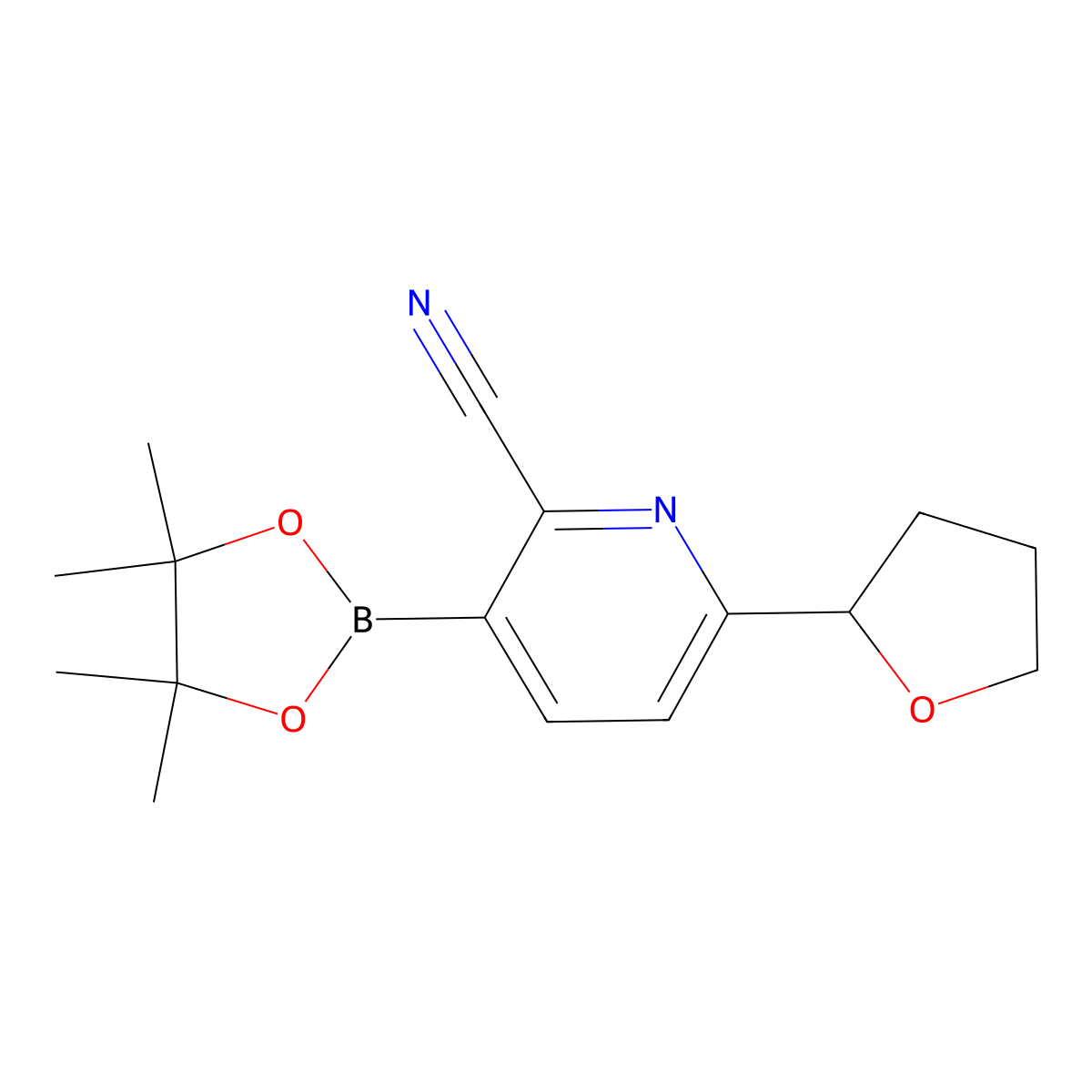 6-(Tetrahydrofuran-2-yl)-3-(4,4,5,5-tetramethyl-1,3,2-dioxaborolan-2-yl)picolinonitrile molecular structure, CAS 2710290-09-6