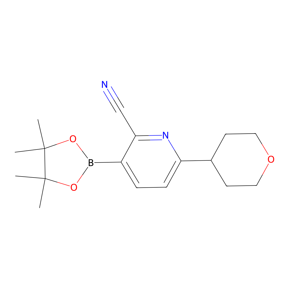 6-(tetrahydro-2H-pyran-4-yl)-3-(4,4,5,5-tetramethyl-1,3,2-dioxaborolan-2-yl)picolinonitrile molecular structure, CAS 2710290-11-0