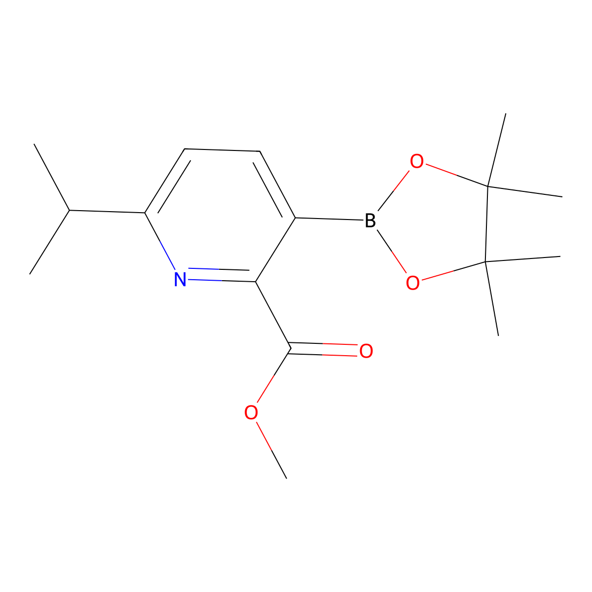 Methyl 6-isopropyl-3-(4,4,5,5-tetramethyl-1,3,2-dioxaborolan-2-yl)picolinate molecular structure, CAS 2710290-14-3