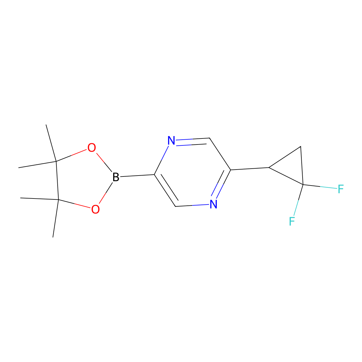 2-(2,2-Difluorocyclopropyl)-5-(4,4,5,5-tetramethyl-1,3,2-dioxaborolan-2-yl)pyrazine molecular structure, CAS 2710293-45-9