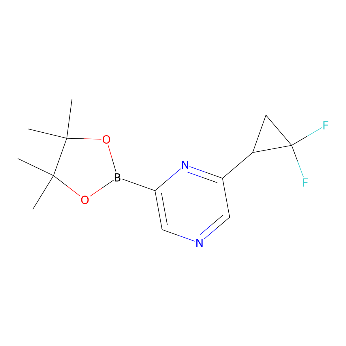 2-(2,2-Difluorocyclopropyl)-6-(4,4,5,5-tetramethyl-1,3,2-dioxaborolan-2-yl)pyrazine molecular structure, CAS 2710293-46-0