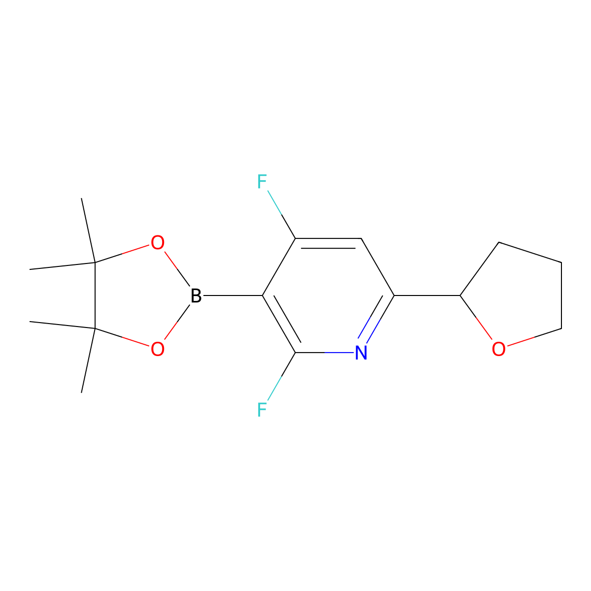 2,4-Difluoro-6-(tetrahydrofuran-2-yl)-3-(4,4,5,5-tetramethyl-1,3,2-dioxaborolan-2-yl)pyridine molecular structure, CAS 2710293-76-6