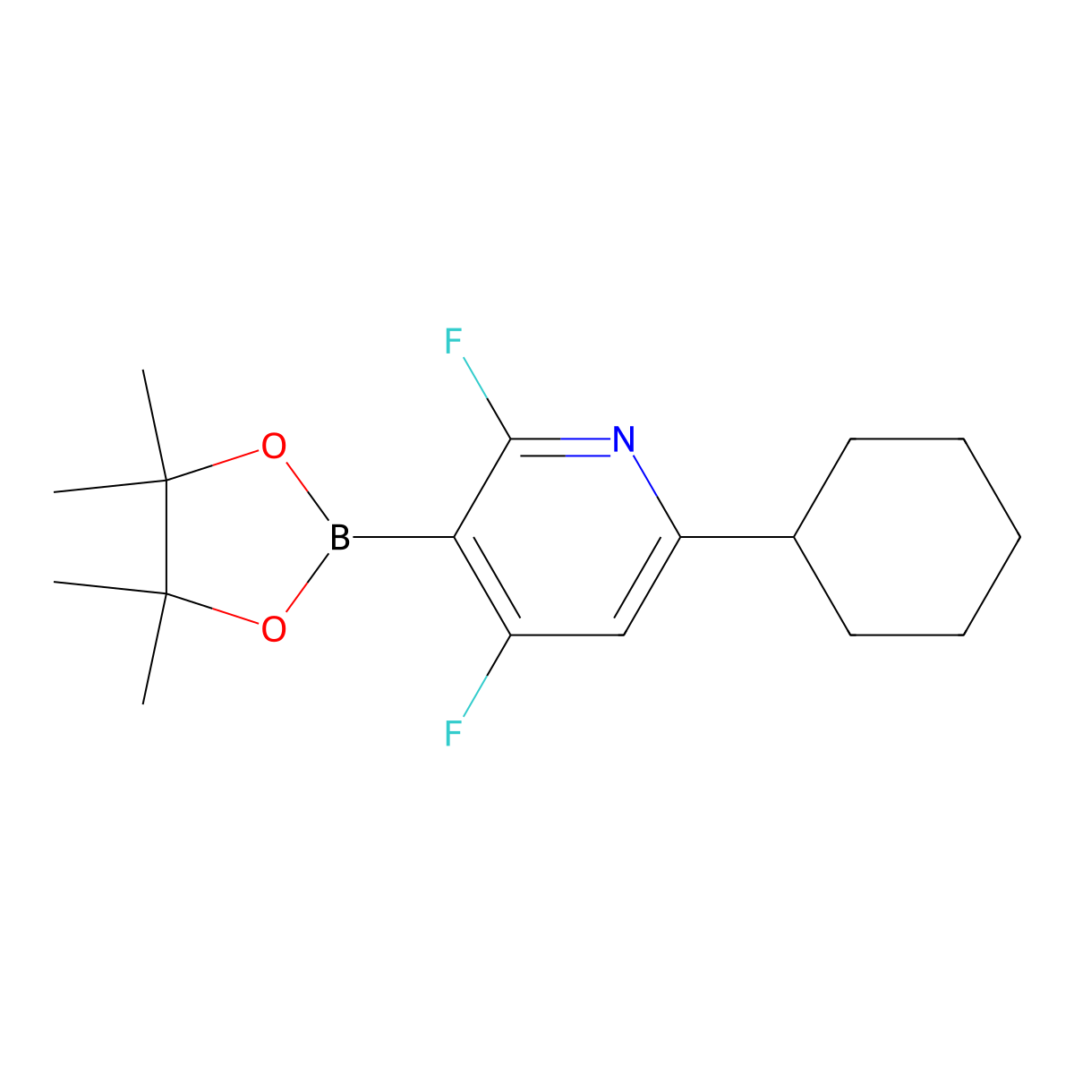6-Cyclohexyl-2,4-difluoro-3-(4,4,5,5-tetramethyl-1,3,2-dioxaborolan-2-yl)pyridine molecular structure, CAS 2710293-78-8