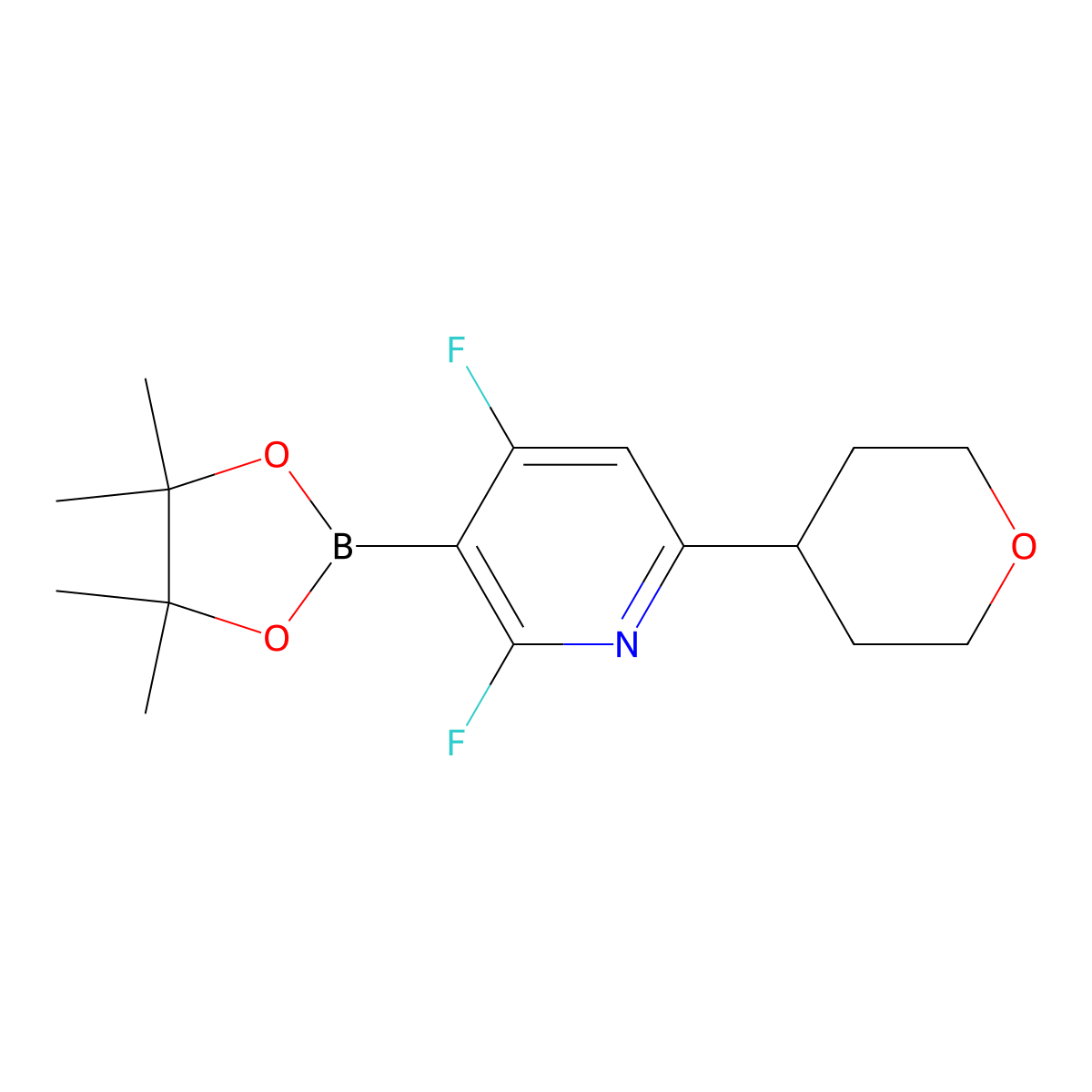 2,4-difluoro-6-(tetrahydro-2H-pyran-4-yl)-3-(4,4,5,5-tetramethyl-1,3,2-dioxaborolan-2-yl)pyridine molecular structure, CAS 2710293-79-9