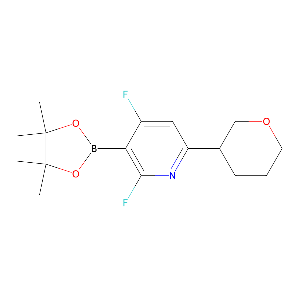 2,4-difluoro-6-(tetrahydro-2H-pyran-3-yl)-3-(4,4,5,5-tetramethyl-1,3,2-dioxaborolan-2-yl)pyridine molecular structure, CAS 2710293-80-2