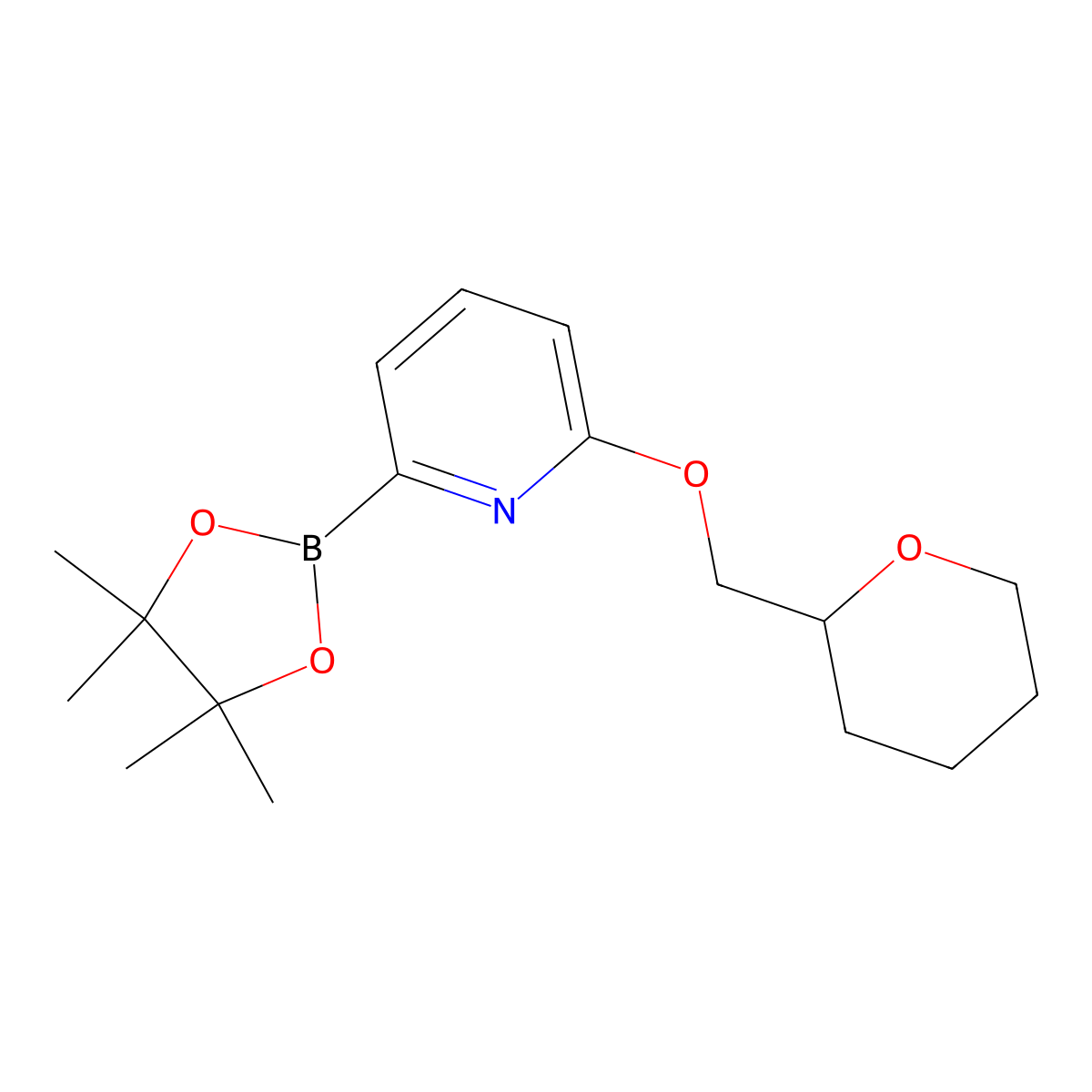 2-((tetrahydro-2H-pyran-2-yl)methoxy)-6-(4,4,5,5-tetramethyl-1,3,2-dioxaborolan-2-yl)pyridine molecular structure, CAS 2710294-12-3