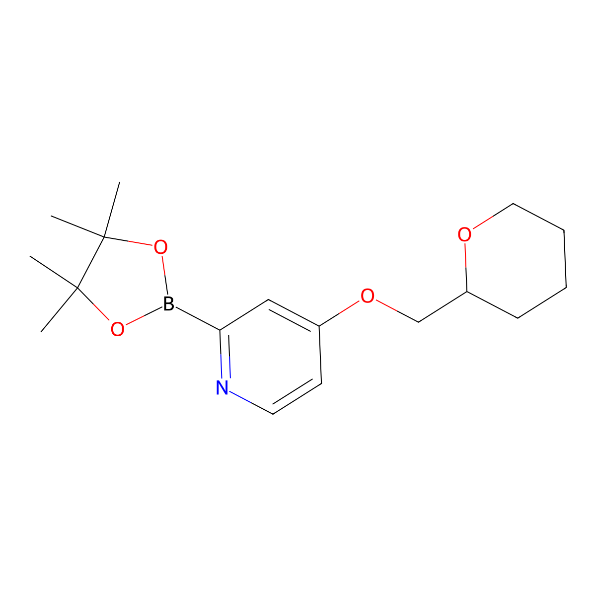 4-((tetrahydro-2H-pyran-2-yl)methoxy)-2-(4,4,5,5-tetramethyl-1,3,2-dioxaborolan-2-yl)pyridine molecular structure, CAS 2710294-17-8