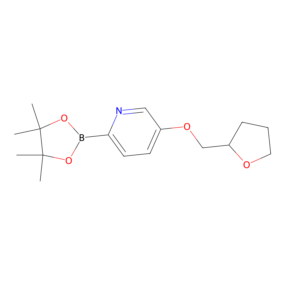 5-((Tetrahydrofuran-2-yl)methoxy)-2-(4,4,5,5-tetramethyl-1,3,2-dioxaborolan-2-yl)pyridine molecular structure, CAS 2710294-20-3