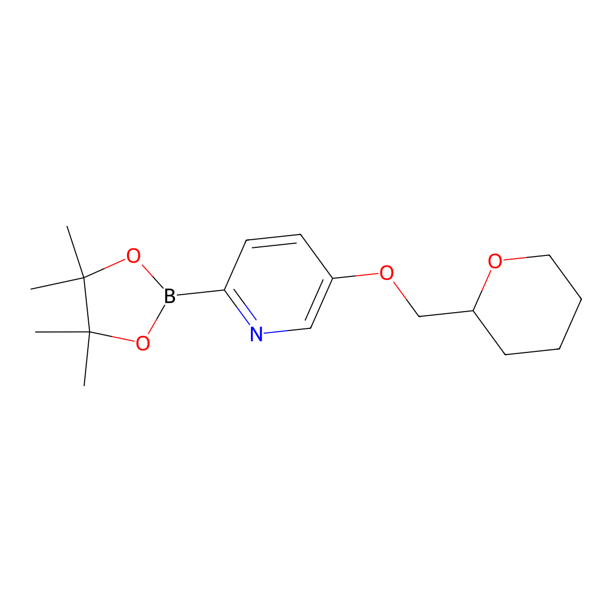 5-((tetrahydro-2H-pyran-2-yl)methoxy)-2-(4,4,5,5-tetramethyl-1,3,2-dioxaborolan-2-yl)pyridine molecular structure, CAS 2710294-21-4