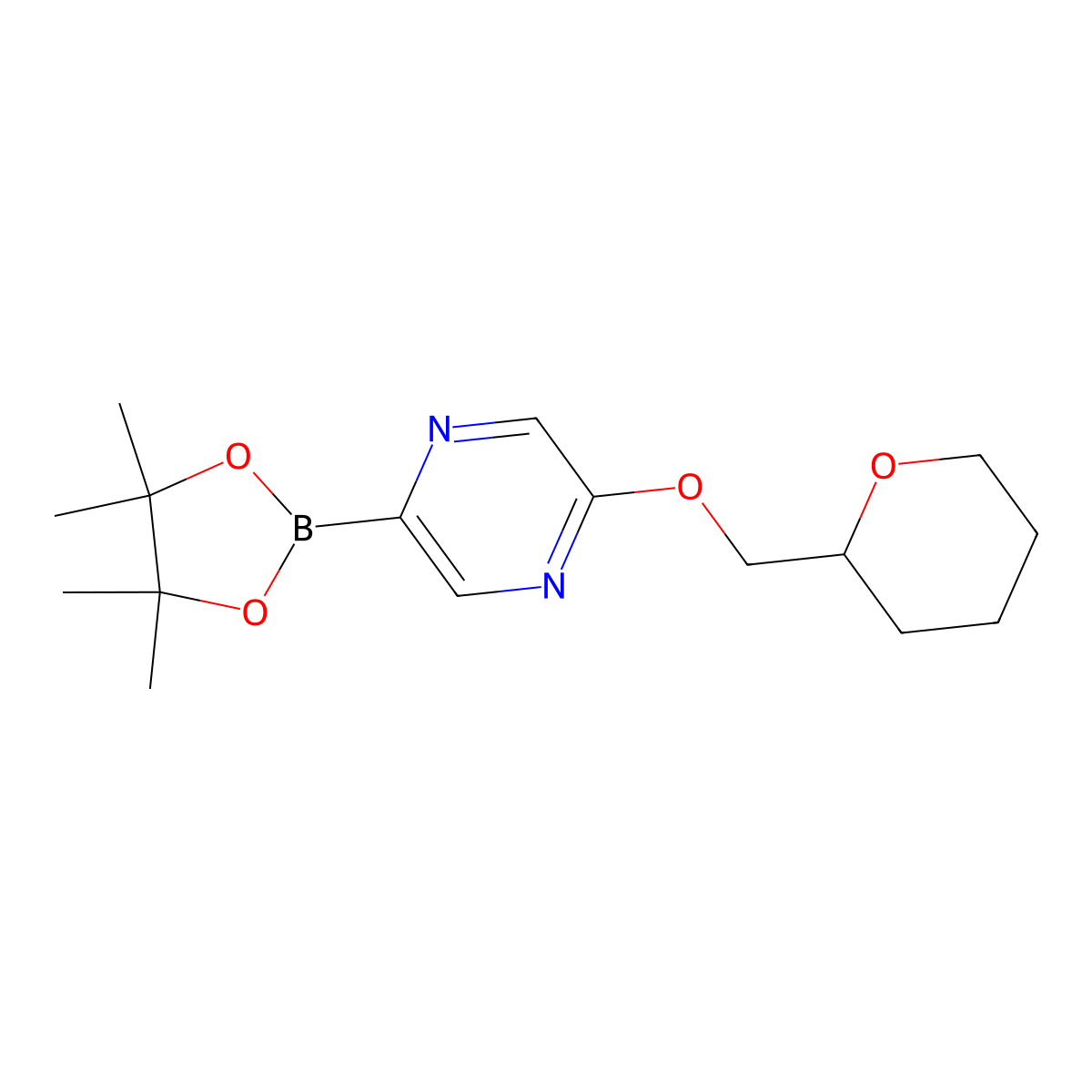 2-((tetrahydro-2H-pyran-2-yl)methoxy)-5-(4,4,5,5-tetramethyl-1,3,2-dioxaborolan-2-yl)pyrazine molecular structure, CAS 2710294-22-5