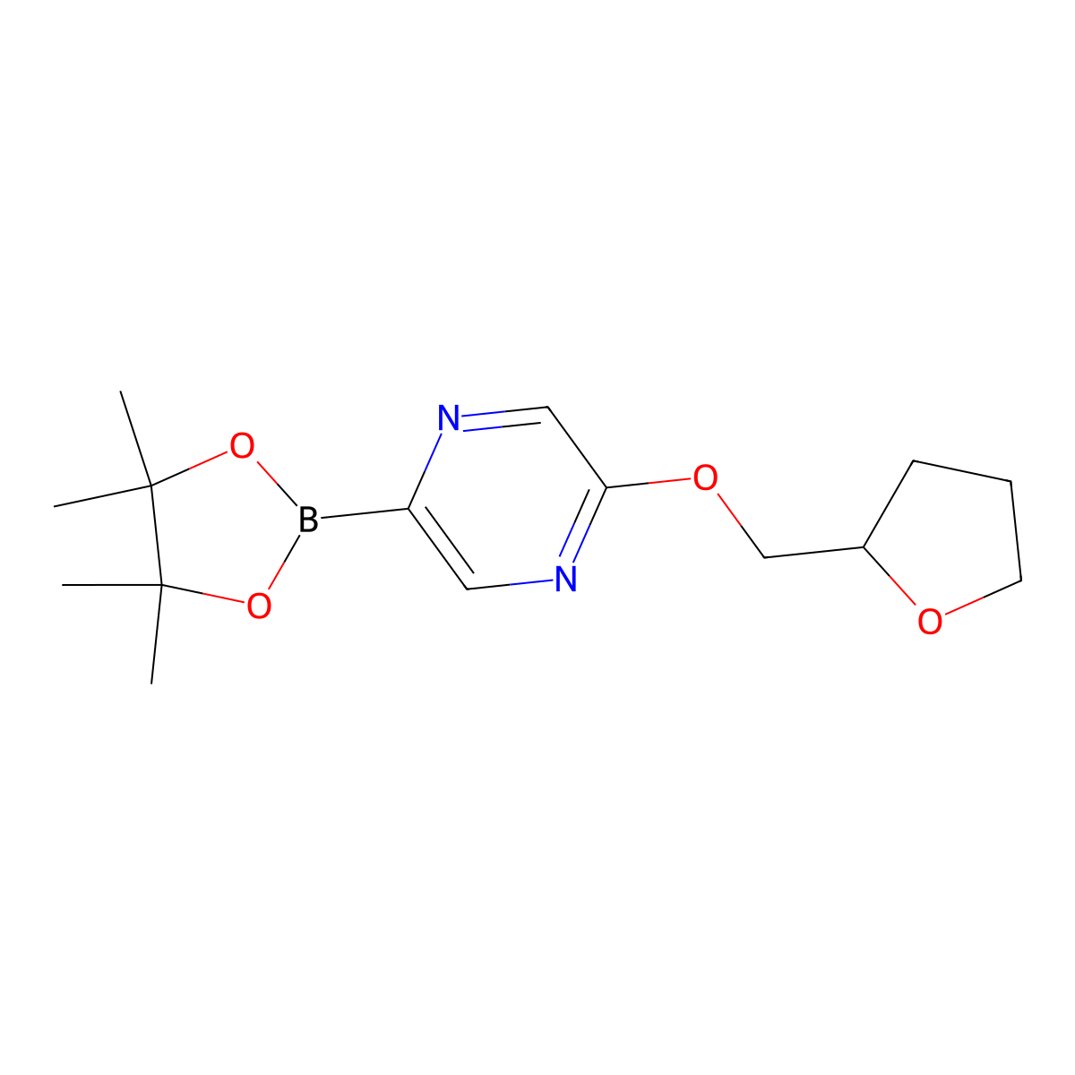 2-((Tetrahydrofuran-2-yl)methoxy)-5-(4,4,5,5-tetramethyl-1,3,2-dioxaborolan-2-yl)pyrazine molecular structure, CAS 2710294-25-8