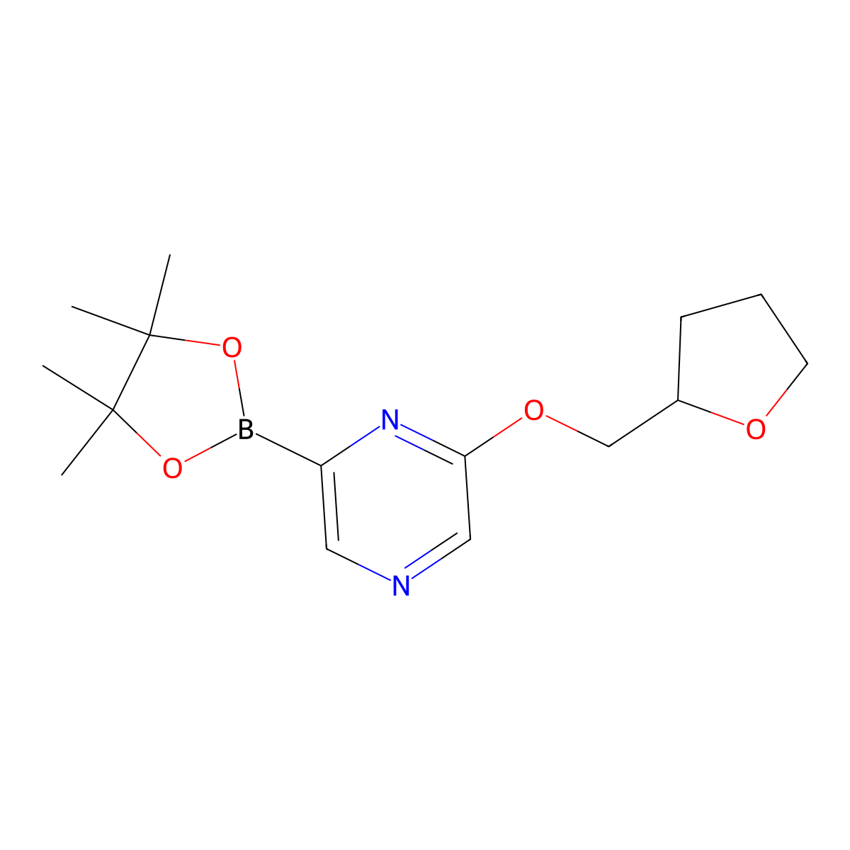 2-((Tetrahydrofuran-2-yl)methoxy)-6-(4,4,5,5-tetramethyl-1,3,2-dioxaborolan-2-yl)pyrazine molecular structure, CAS 2710294-27-0