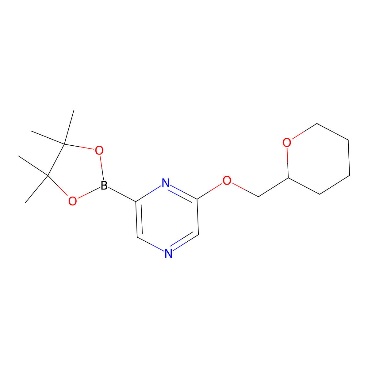 2-((tetrahydro-2H-pyran-2-yl)methoxy)-6-(4,4,5,5-tetramethyl-1,3,2-dioxaborolan-2-yl)pyrazine molecular structure, CAS 2710294-28-1