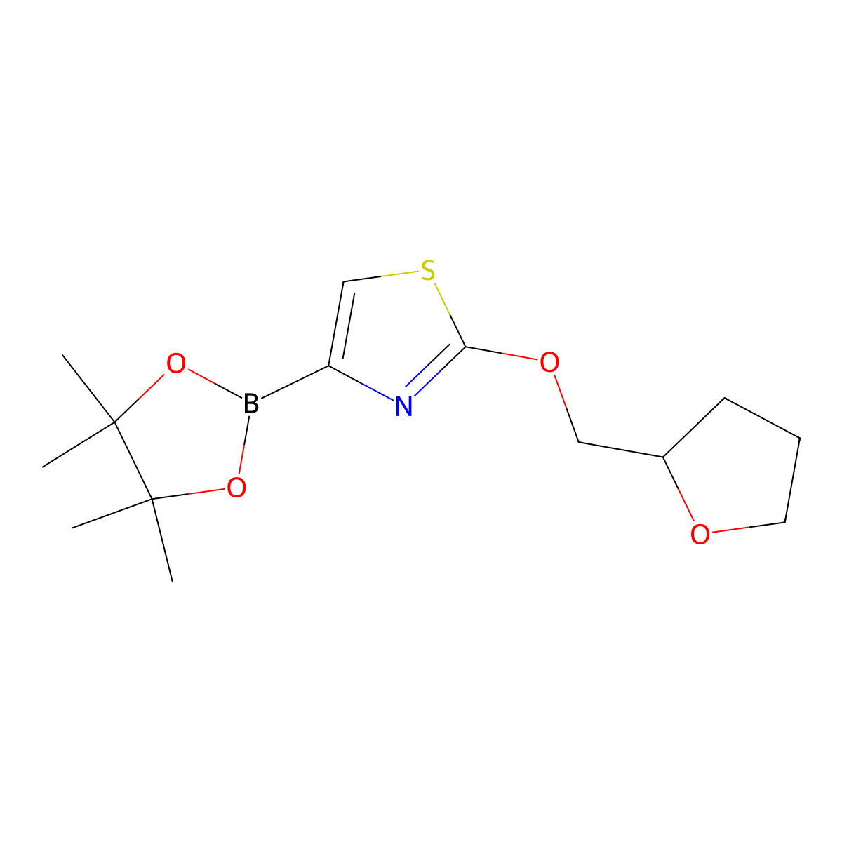 2-((Tetrahydrofuran-2-yl)methoxy)-4-(4,4,5,5-tetramethyl-1,3,2-dioxaborolan-2-yl)thiazole molecular structure, CAS 2710294-31-6