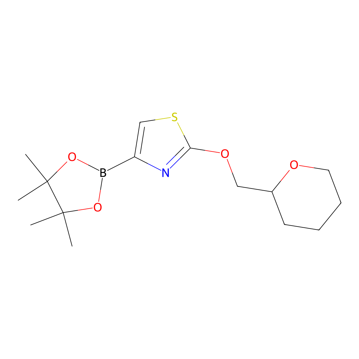 2-((tetrahydro-2H-pyran-2-yl)methoxy)-4-(4,4,5,5-tetramethyl-1,3,2-dioxaborolan-2-yl)thiazole molecular structure, CAS 2710294-32-7