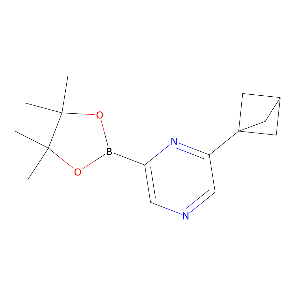 2-(Bicyclo[1.1.1]pentan-1-yl)-6-(4,4,5,5-tetramethyl-1,3,2-dioxaborolan-2-yl)pyrazine molecular structure, CAS 2710295-77-3