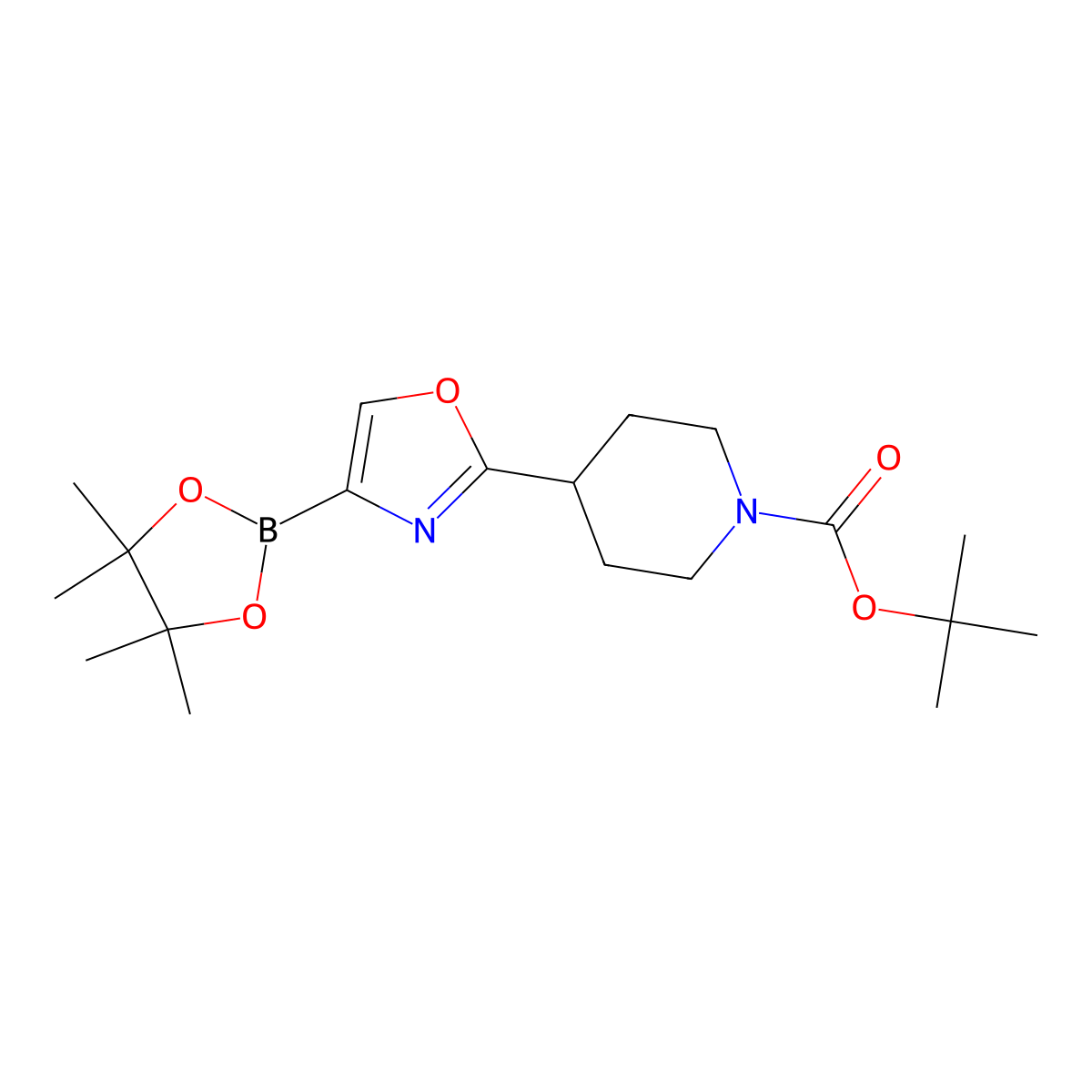 Tert-butyl 4-(4-(4,4,5,5-tetramethyl-1,3,2-dioxaborolan-2-yl)oxazol-2-yl)piperidine-1-carboxylate molecular structure, CAS 2710296-01-6