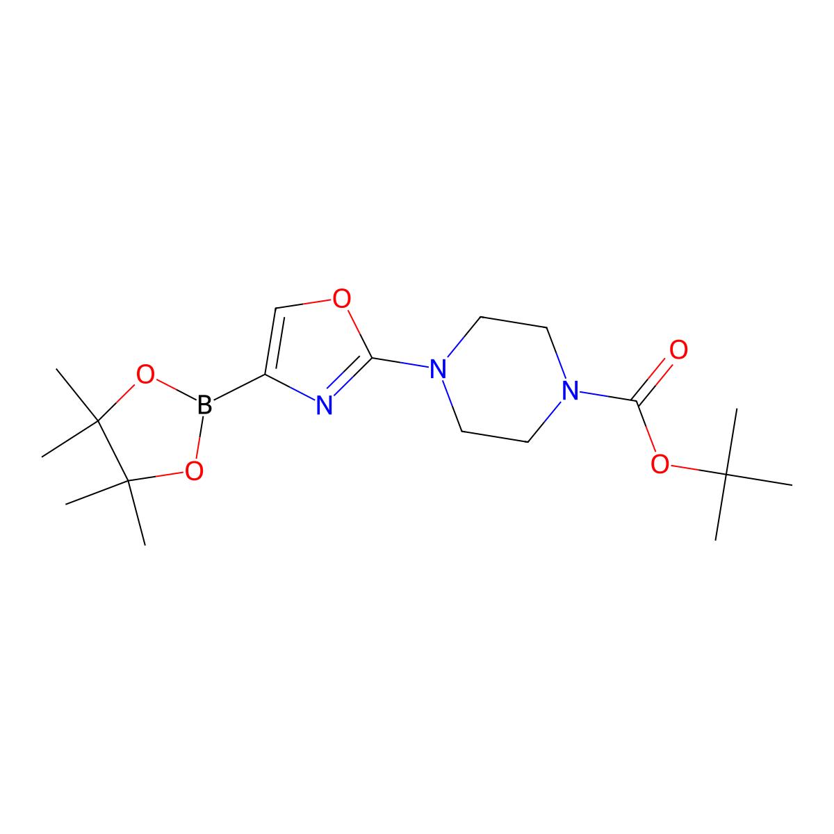 Tert-butyl 4-(4-(4,4,5,5-tetramethyl-1,3,2-dioxaborolan-2-yl)oxazol-2-yl)piperazine-1-carboxylate molecular structure, CAS 2710296-08-3