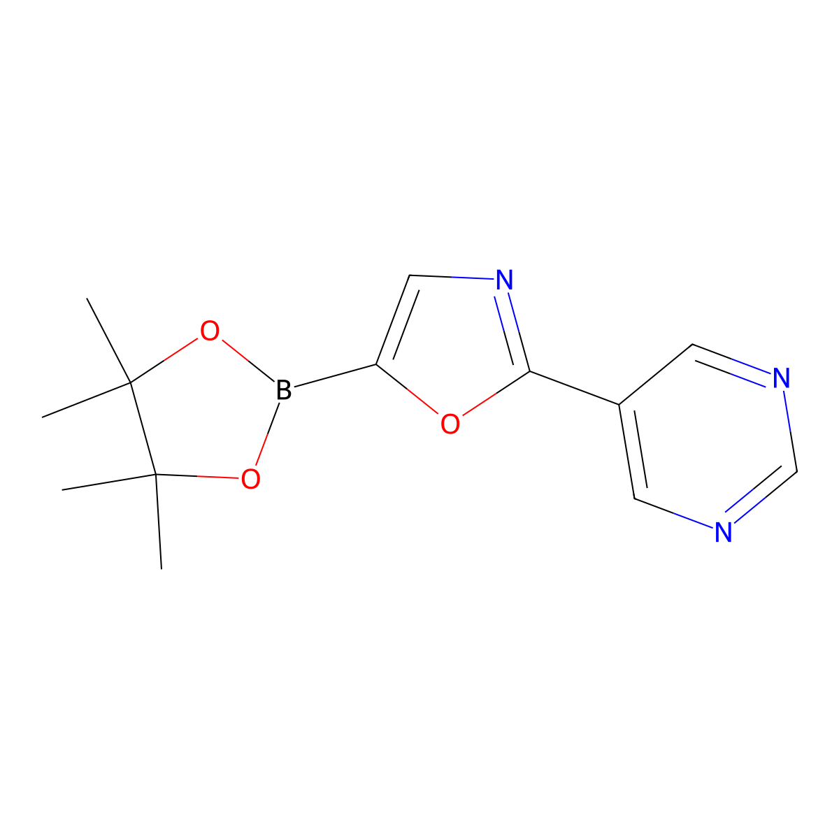 2-(Pyrimidin-5-yl)-5-(4,4,5,5-tetramethyl-1,3,2-dioxaborolan-2-yl)oxazole molecular structure, CAS 2710297-47-3