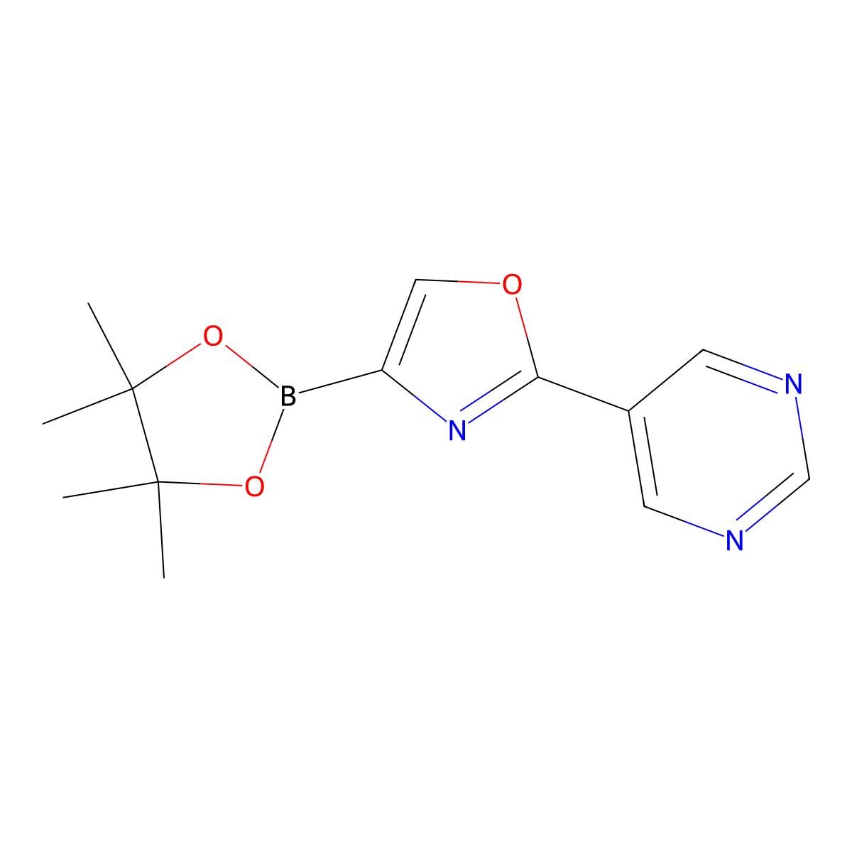 2-(Pyrimidin-5-yl)-4-(4,4,5,5-tetramethyl-1,3,2-dioxaborolan-2-yl)oxazole molecular structure, CAS 2710297-59-7
