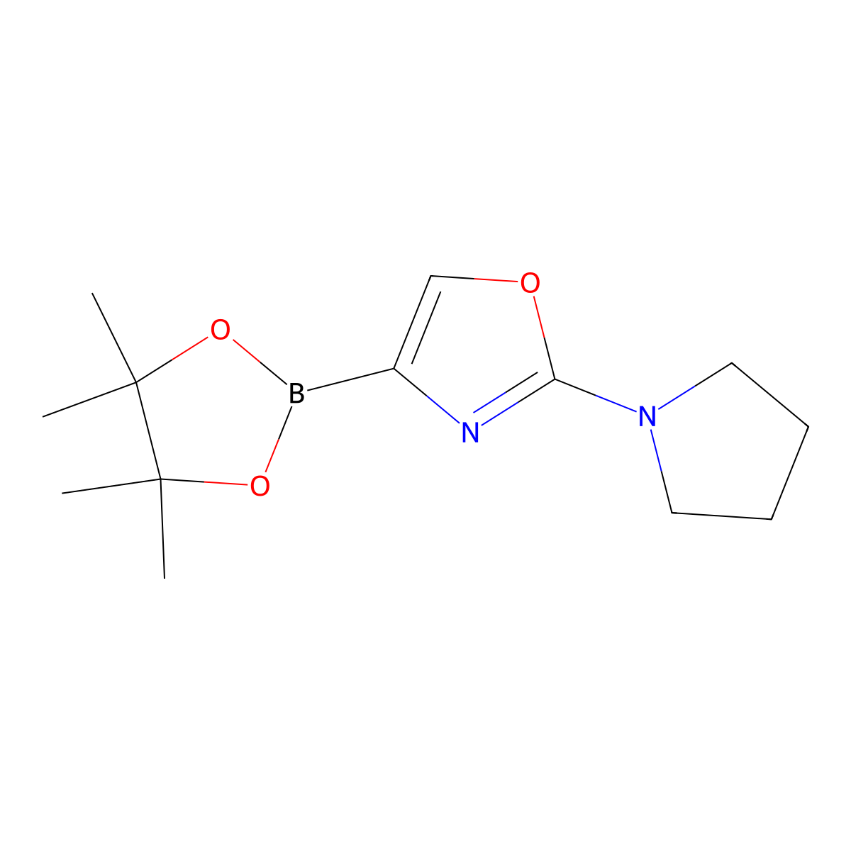 2-(Pyrrolidin-1-yl)-4-(4,4,5,5-tetramethyl-1,3,2-dioxaborolan-2-yl)oxazole molecular structure, CAS 2710297-64-4