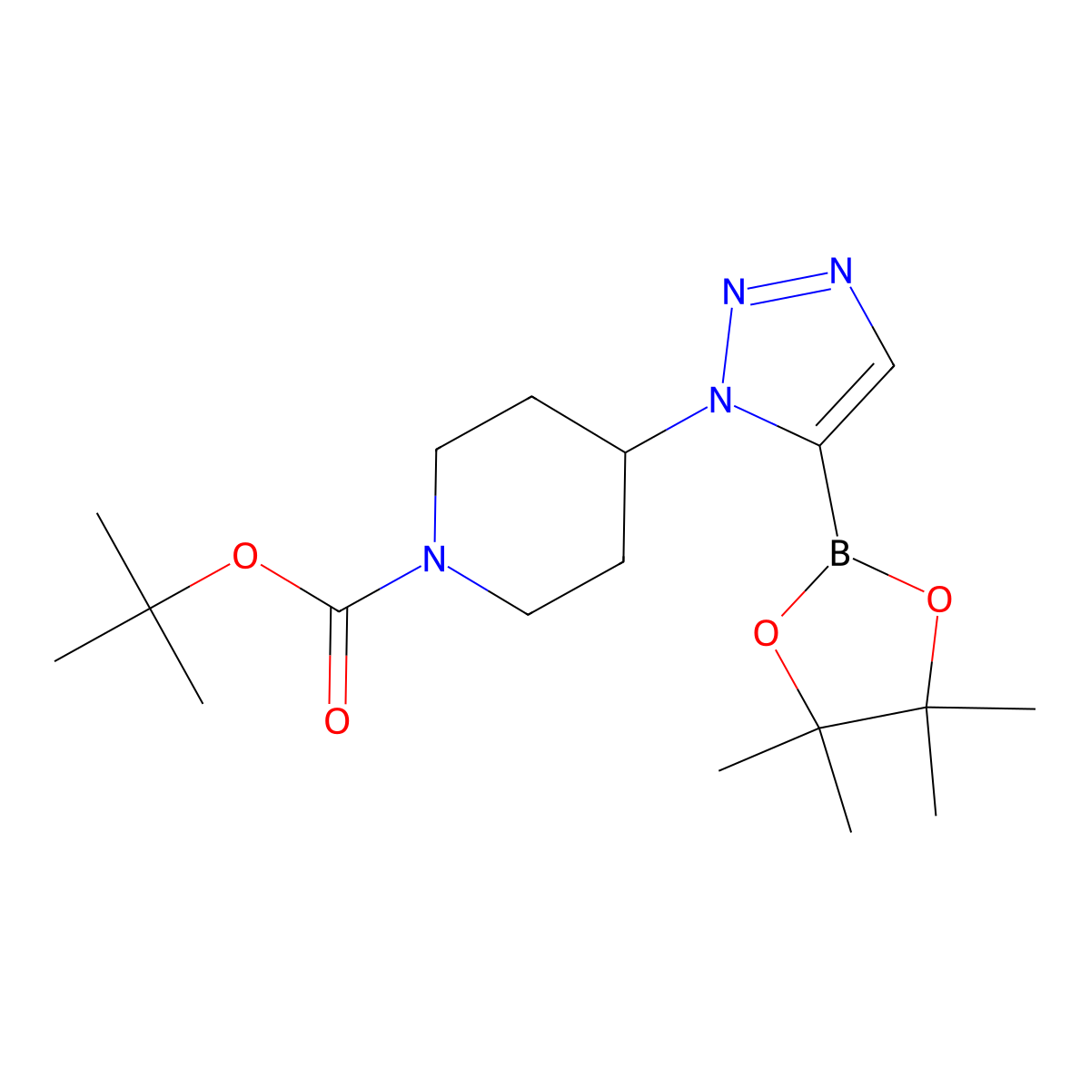 tert-butyl 4-(5-(4,4,5,5-tetramethyl-1,3,2-dioxaborolan-2-yl)-1H-1,2,3-triazol-1-yl)piperidine-1-carboxylate molecular structure, CAS 2710298-21-6