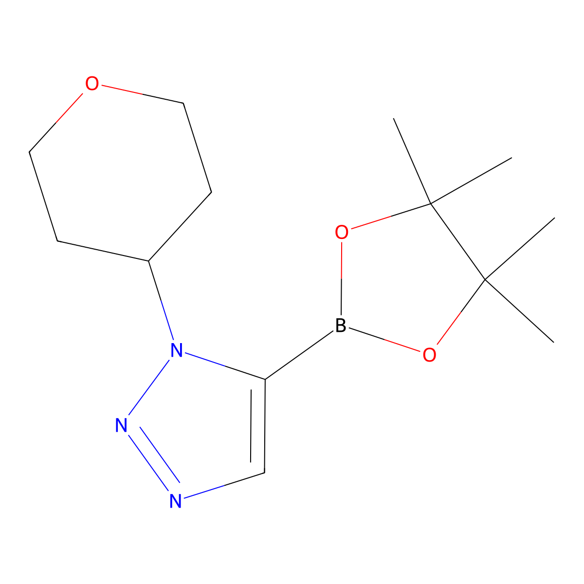 1-Tetrahydropyran-4-yl-5-(4,4,5,5-tetramethyl-1,3,2-dioxaborolan-2-yl)triazole molecular structure, CAS 2710298-26-1