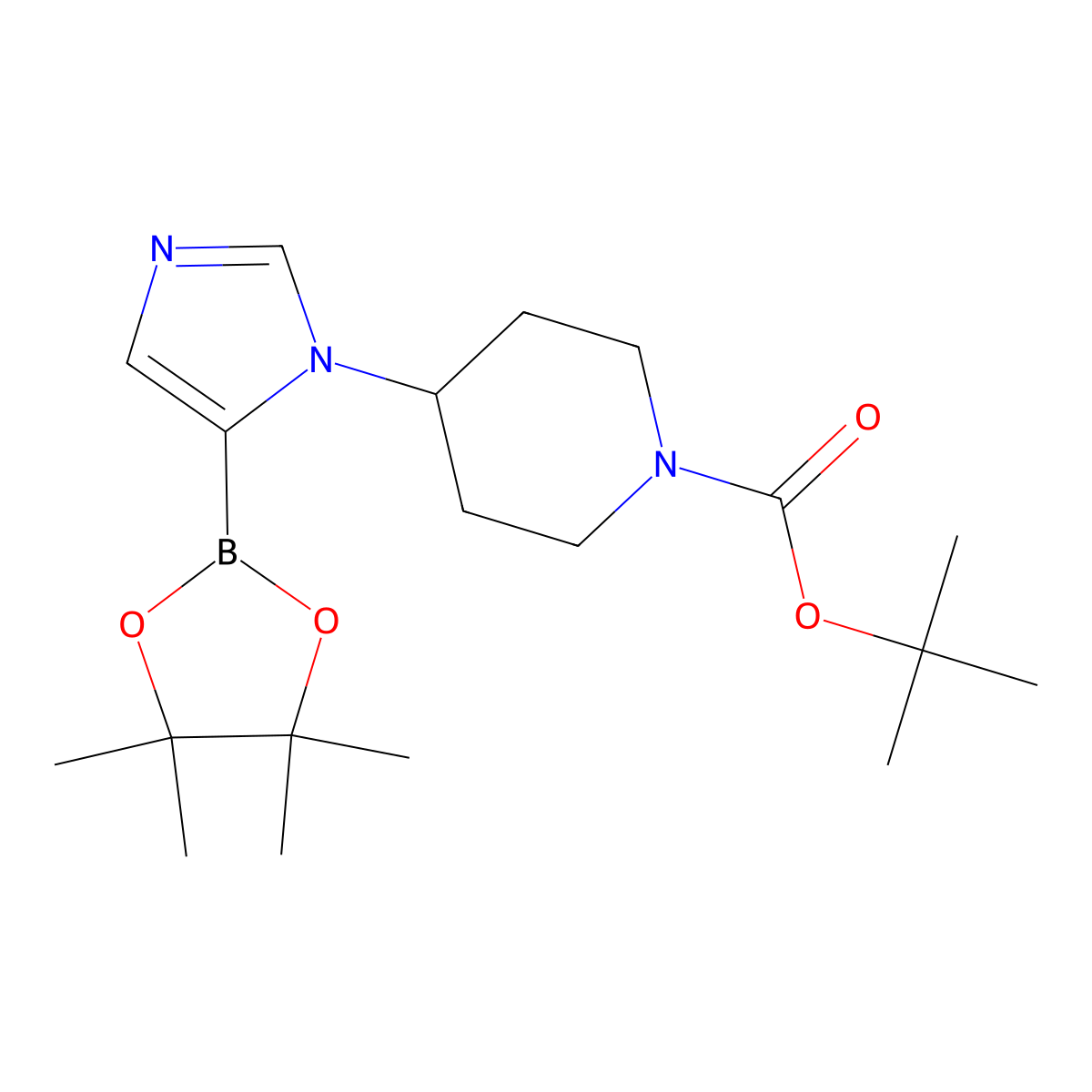 tert-butyl 4-(5-(4,4,5,5-tetramethyl-1,3,2-dioxaborolan-2-yl)-1H-imidazol-1-yl)piperidine-1-carboxylate molecular structure, CAS 2710299-04-8