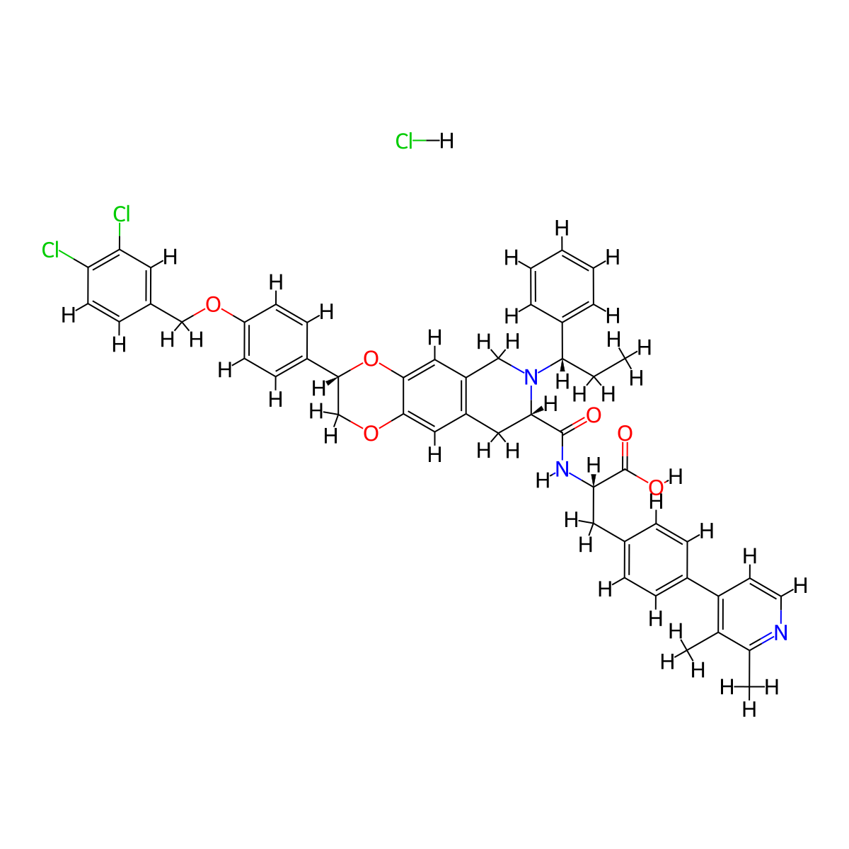 (S)-2-((3S,8S)-3-(4-((3,4-Dichlorobenzyl)oxy)phenyl)-7-((S)-1-phenylpropyl)-2,3,6,7,8,9-hexahydro-[1,4]dioxino[2,3-g]isoquinoline-8-carboxamido)-3-(4-(2,3-dimethylpyridin-4-yl)phenyl)propanoic acid hydrochloride molecular structure, CAS 2711002-12-7