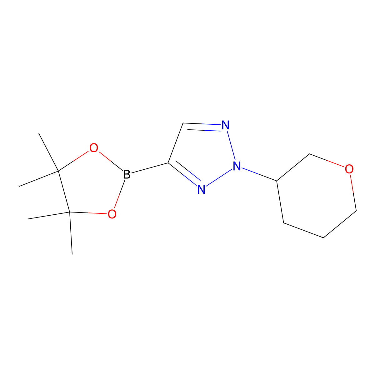 2-Tetrahydropyran-3-yl-4-(4,4,5,5-tetramethyl-1,3,2-dioxaborolan-2-yl)triazole molecular structure, CAS 2711075-08-8