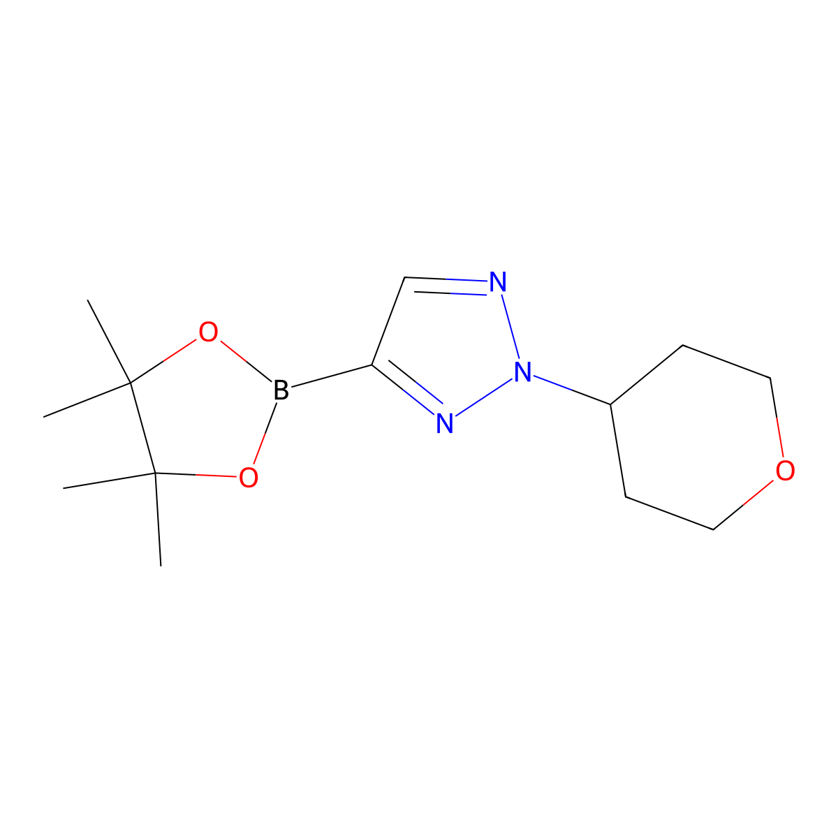 2-Tetrahydropyran-4-yl-4-(4,4,5,5-tetramethyl-1,3,2-dioxaborolan-2-yl)triazole molecular structure, CAS 2711075-09-9