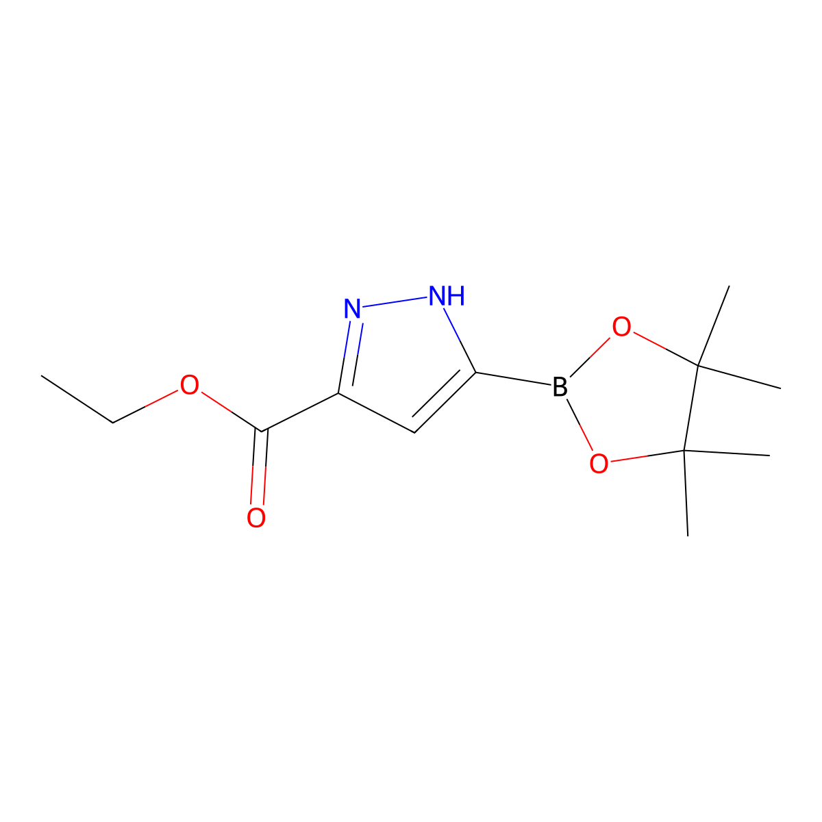 ethyl 5-(tetramethyl-1,3,2-dioxaborolan-2-yl)-1H-pyrazole-3-carboxylate molecular structure, CAS 2711075-62-4