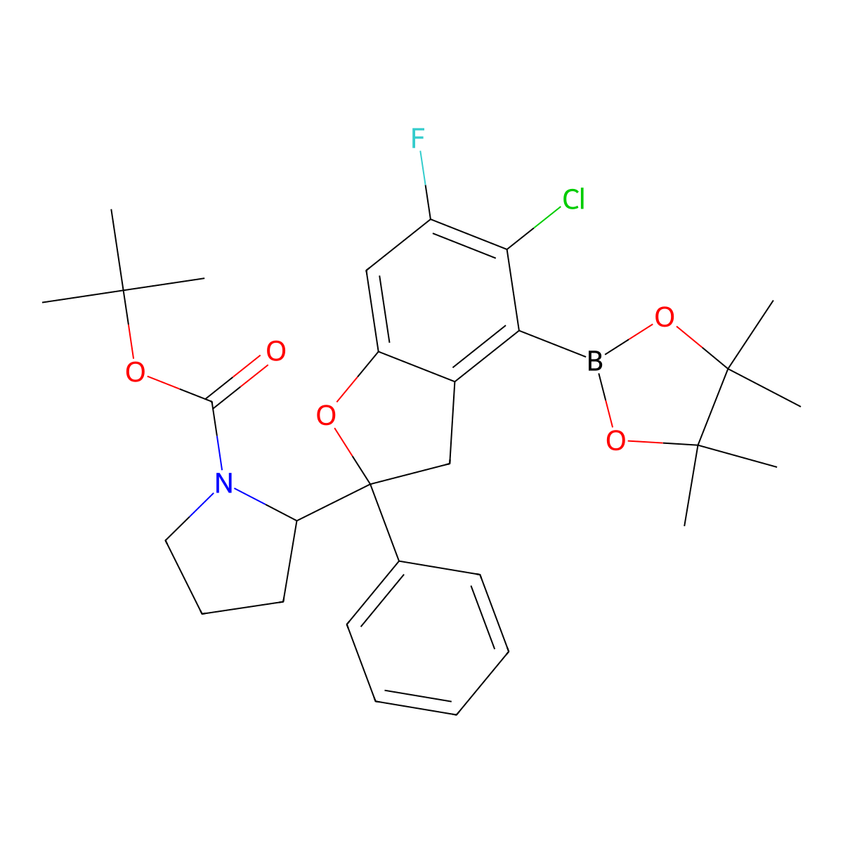 tert-Butyl (S)-2-((S)-5-chloro-6-fluoro-2-phenyl-4-(4,4,5,5-tetramethyl-1,3,2-dioxaborolan-2-yl)-2,3-dihydrobenzofuran-2-yl)pyrrolidine-1-carboxylate molecular structure, CAS 2711862-50-7