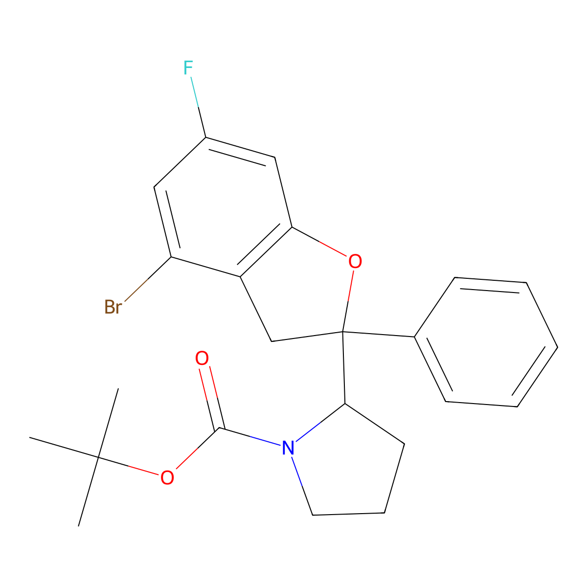 tert-butyl (S)-2-((S)-4-bromo-6-fluoro-2-phenyl-2,3-dihydrobenzofuran-2-yl)pyrrolidine-1-carboxylate molecular structure, CAS 2711862-58-5