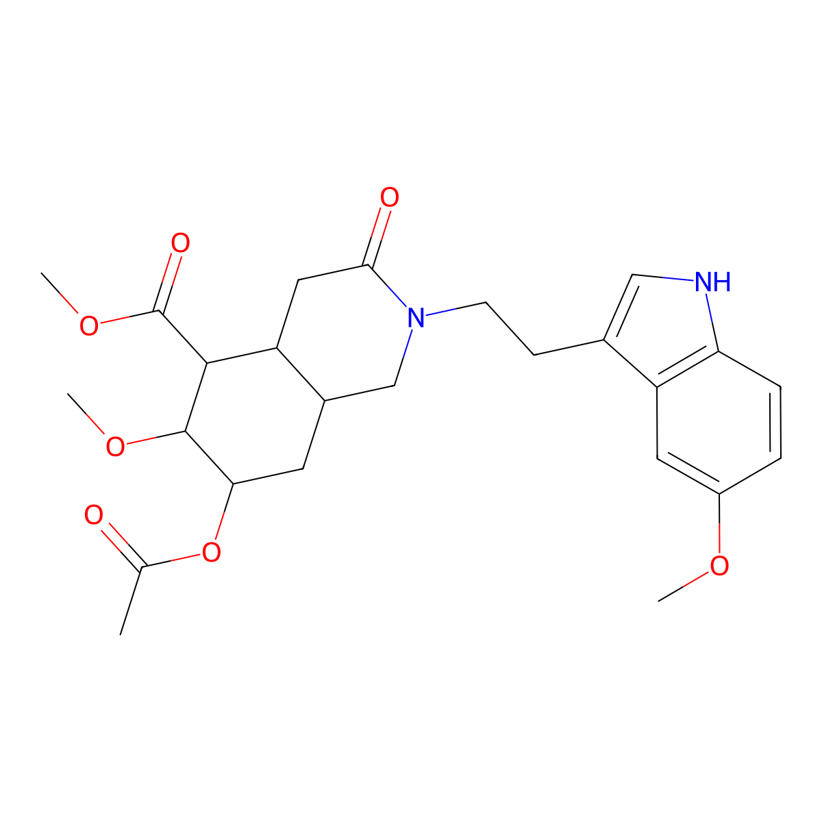 Methyl 7-(acetyloxy)-6-methoxy-2-[2-(5-methoxy-1h-indol-3-yl)ethyl]-3-oxodecahydroisoquinoline-5-carboxylate molecular structure, CAS 27124-12-5