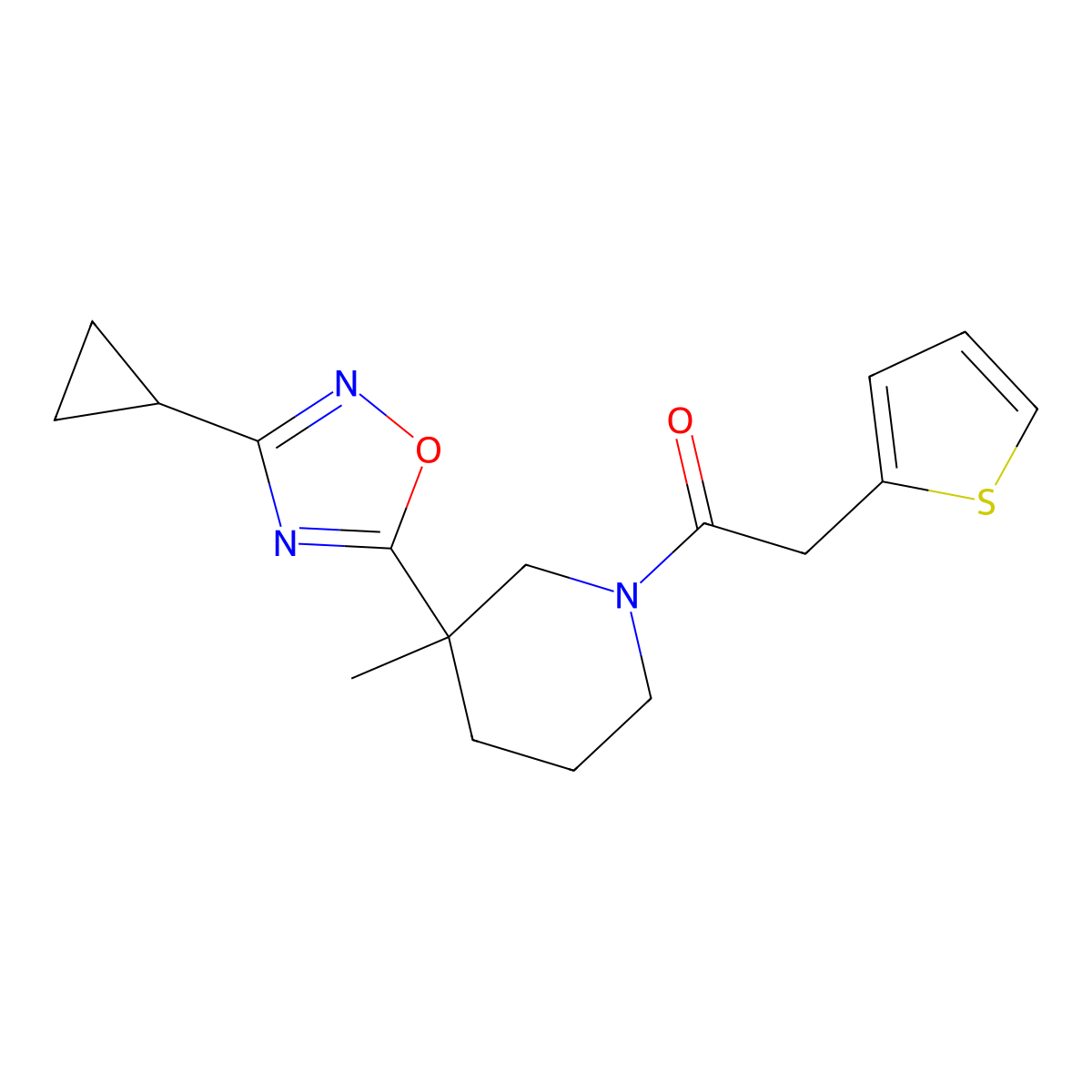 1-[3-(3-Cyclopropyl-1,2,4-oxadiazol-5-yl)-3-methylpiperidin-1-yl]-2-thiophen-2-ylethanone molecular structure, CAS 2713829-93-5