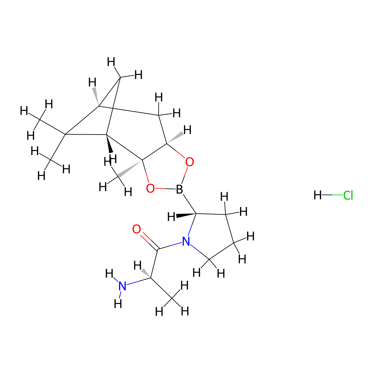 (R)-2-amino-1-((R)-2-((3aS,4S,6S,7aR)-3a,5,5-trimethylhexahydro-4,6-methanobenzo[d][1,3,2]dioxaborol-2-yl)pyrrolidin-1-yl)propan-1-one hydrochloride molecular structure, CAS 2715114-00-2