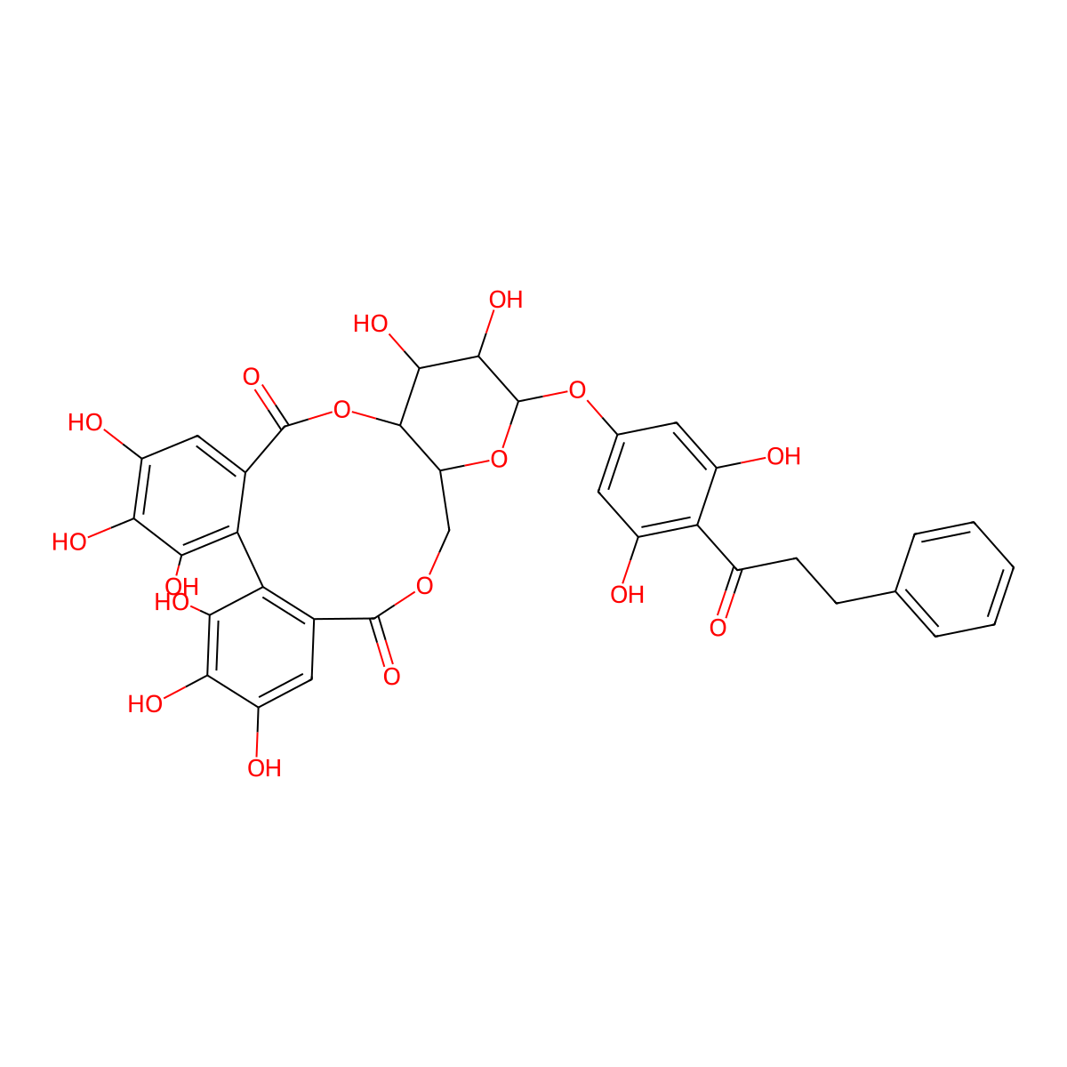 1-Propanone, 1-(4-((4,6-O-((4,4',5,5',6,6'-hexahydroxy(1,1'-biphenyl)-2,2'-diyl)dicarbonyl)hexopyranosyl)oxy)-2,6-dihydroxyphenyl)-3-phenyl- molecular structure, CAS 271579-12-5