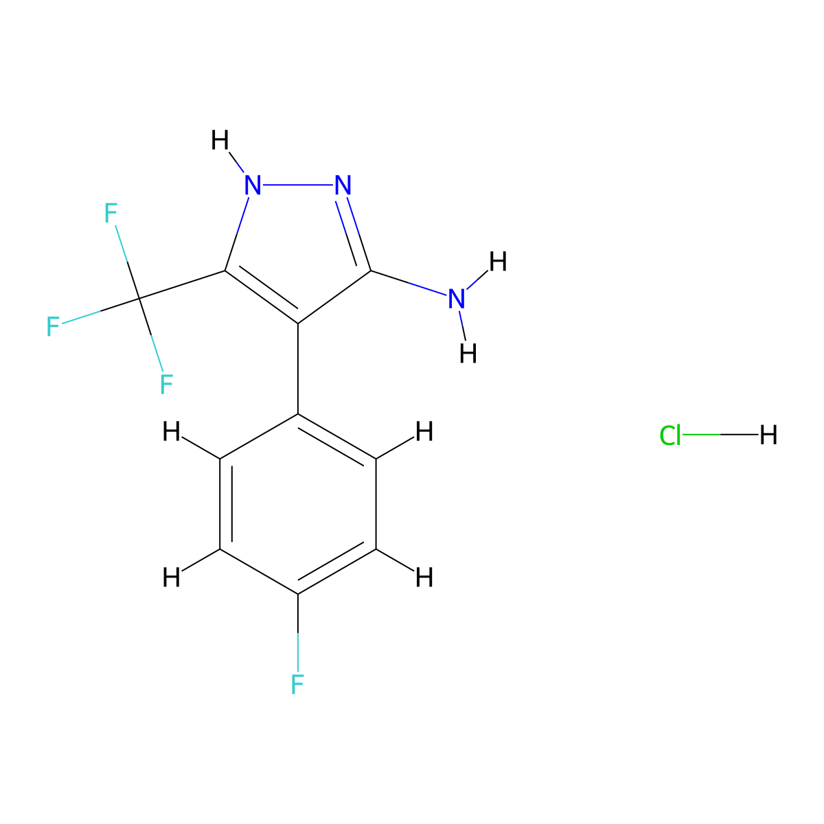 4-(4-Fluoro-phenyl)-3-trifluoromethyl-2H-pyrazol-5-ylamine hydrochloride molecular structure, CAS 2716849-52-2