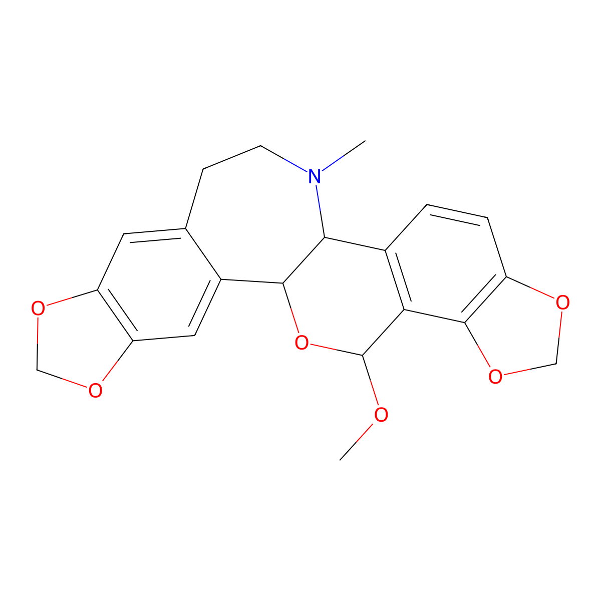 (5bR,13bR,15S)-5b,6,7,8,13b,15-Hexahydro-15-methoxy-6-methyl(1,3)dioxolo(4,5-h)-1,3-dioxolo(7,8)(2)benzopyrano(3,4-a)(3)benzazepine molecular structure, CAS 2718-25-4