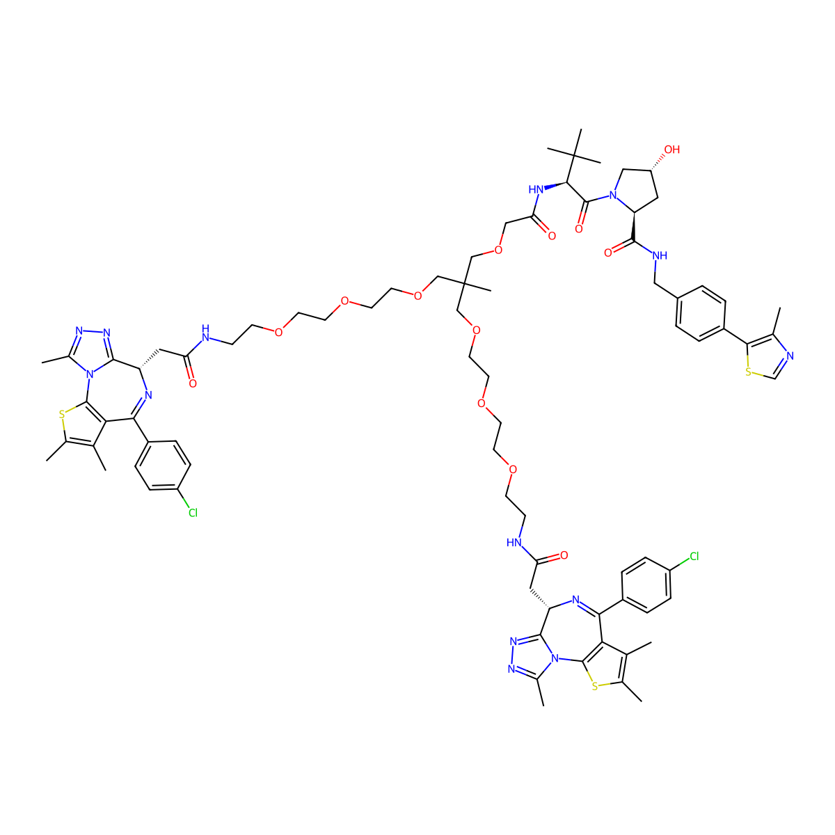 N,N'-(11-((2-(((S)-1-((2S,4R)-4-hydroxy-2-((4-(4-methylthiazol-5-yl)benzyl)carbamoyl)pyrrolidin-1-yl)-3,3-dimethyl-1-oxobutan-2-yl)amino)-2-oxoethoxy)methyl)-11-methyl-3,6,9,13,16,19-hexaoxahenicosane-1,21-diyl)bis(2-((S)-4-(4-chlorophenyl)-2,3,9-trimethyl-6H-thieno[3,2-f][1,2,4]triazolo[4,3-a][1,4]diazepin-6-yl)acetamide) molecular structure, CAS 2719051-84-8