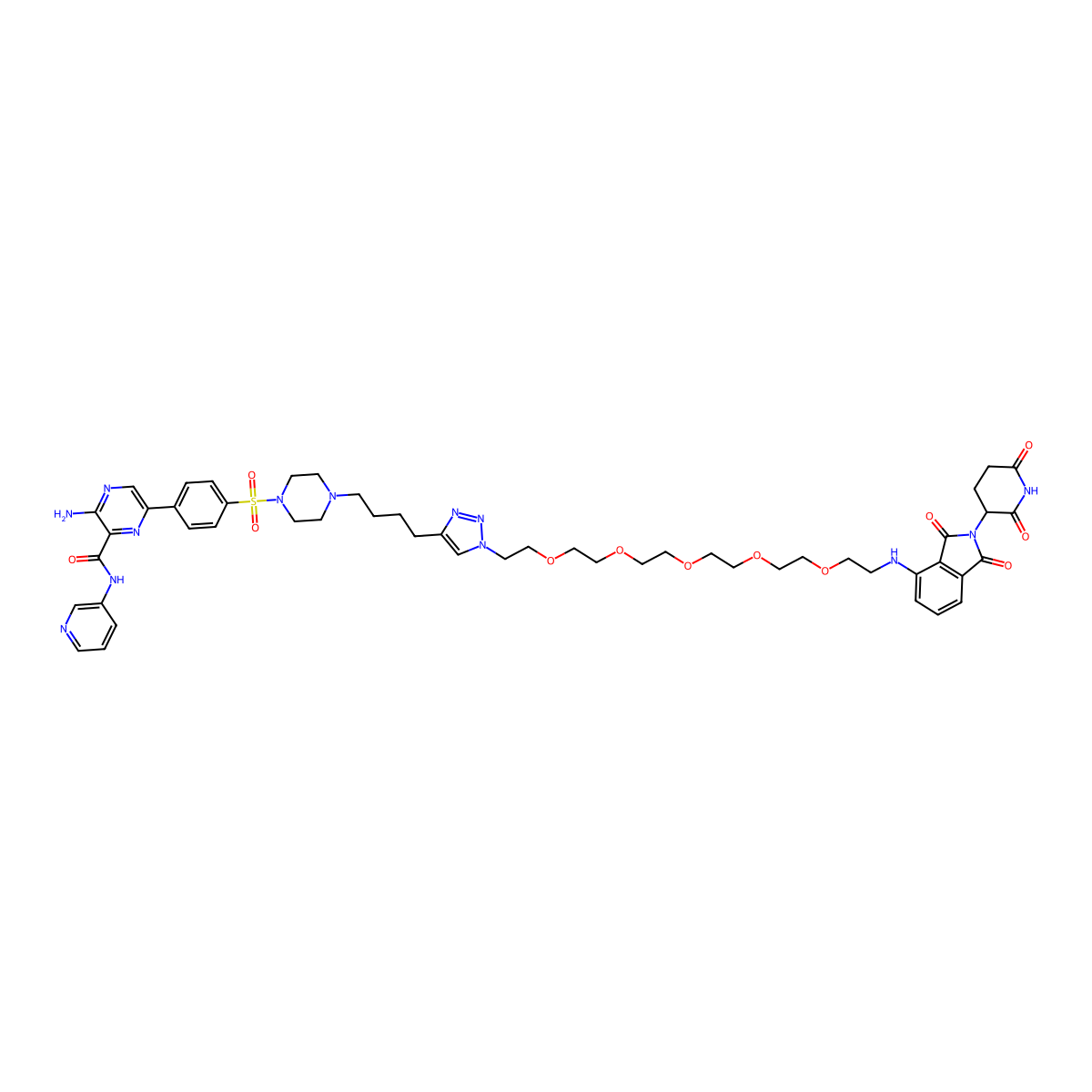 3-amino-6-[4-[4-[4-[1-[2-[2-[2-[2-[2-[2-[[2-(2,6-dioxopiperidin-3-yl)-1,3-dioxoisoindol-4-yl]amino]ethoxy]ethoxy]ethoxy]ethoxy]ethoxy]ethyl]triazol-4-yl]butyl]piperazin-1-yl]sulfonylphenyl]-N-pyridin-3-ylpyrazine-2-carboxamide molecular structure, CAS 2721998-87-2